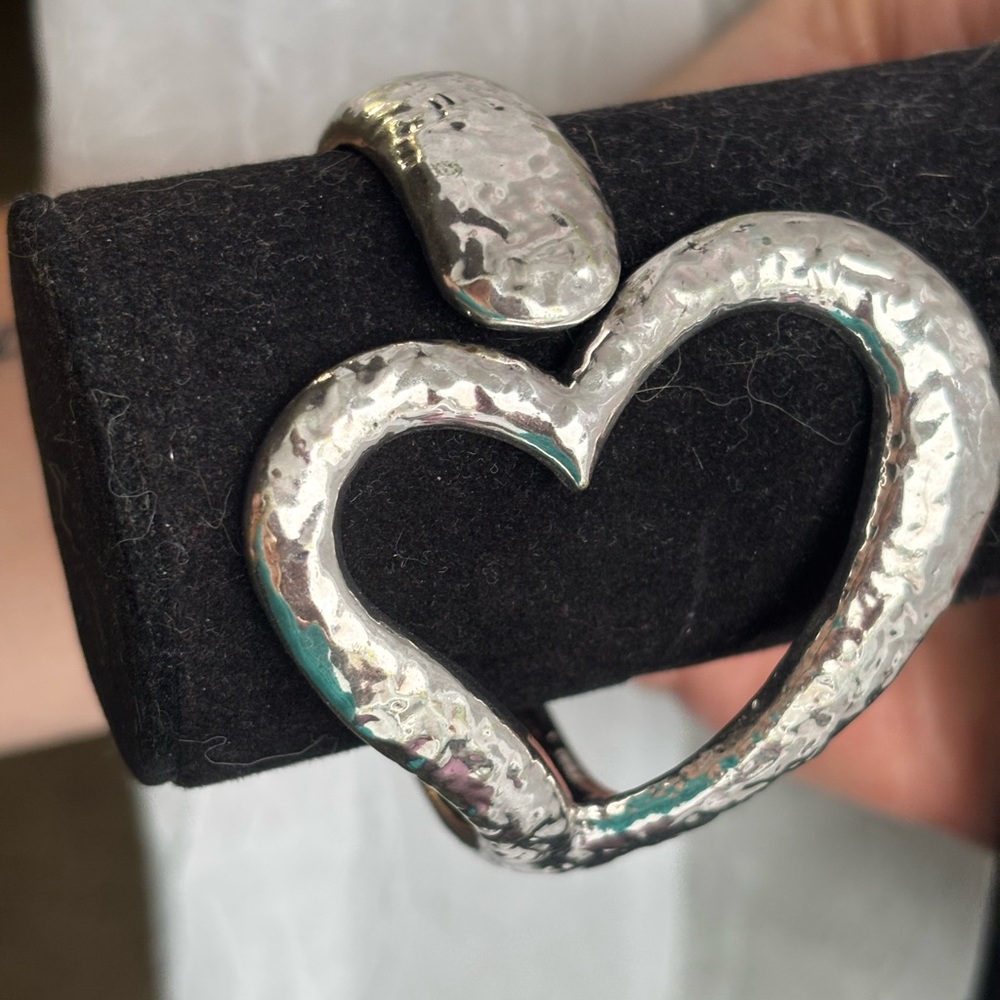 Open Heart Hammered Silver Tone Cuff Bracelet - Women Jewelry